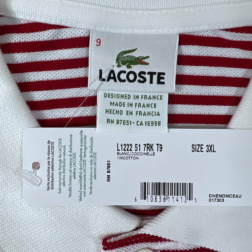 Lacoste Polo Shirt US Men 4XL (EU/3XL) Red White Striped Short Sleeve Cotton - Picture 5 of 10